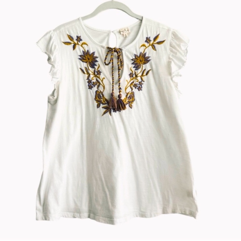 Keep in Touch Flutter Sleeve 100% Cotton Blouse Relaxed Fit White Purple Size S